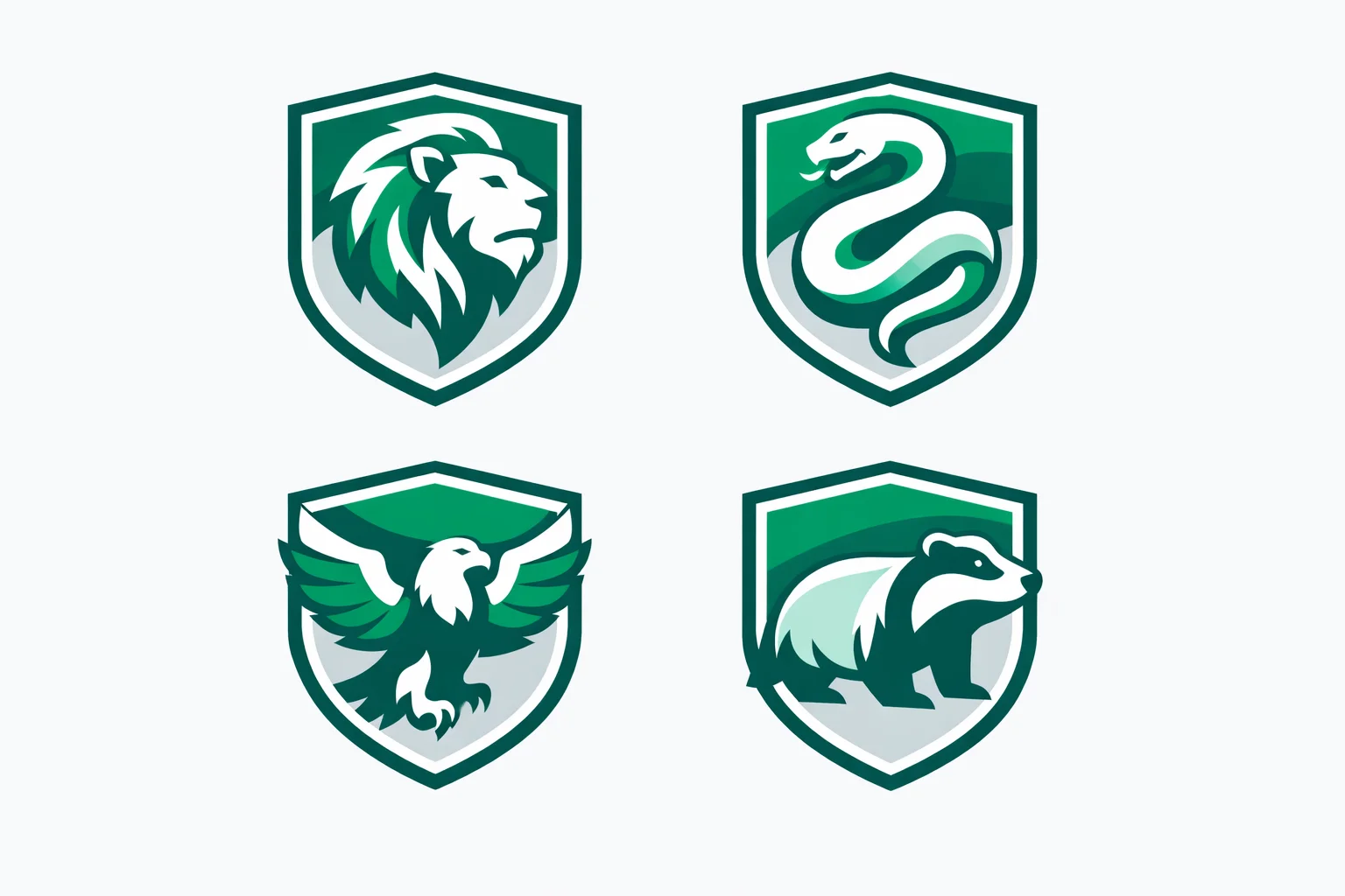 Four Hogwarts house crests showing Gryffindor lion, Slytherin serpent, Ravenclaw eagle, and Hufflepuff badger with their house colors