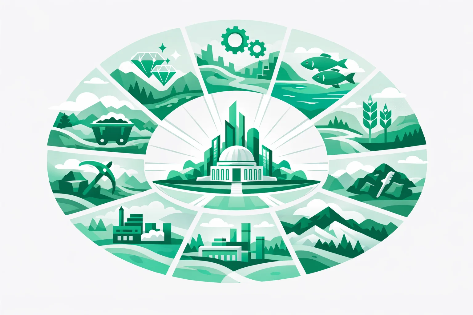 Stylized map of Panem showing the twelve district industry symbols circling the Capitol