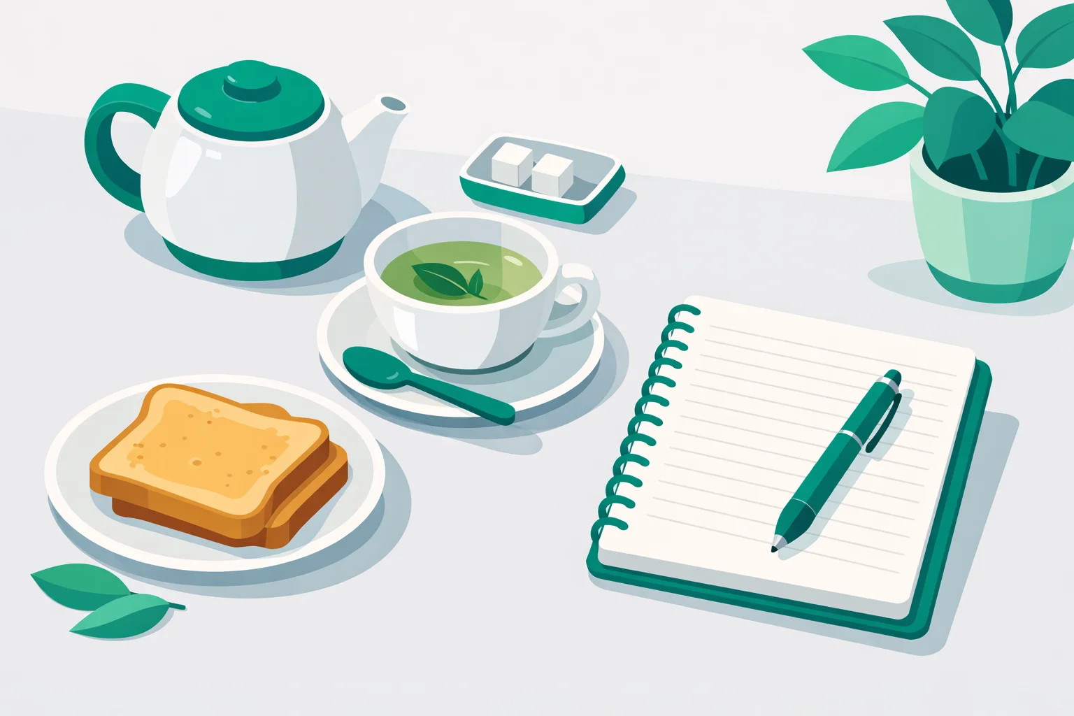 Herbal tea, plain toast and a symptom notebook on a breakfast table in morning light
