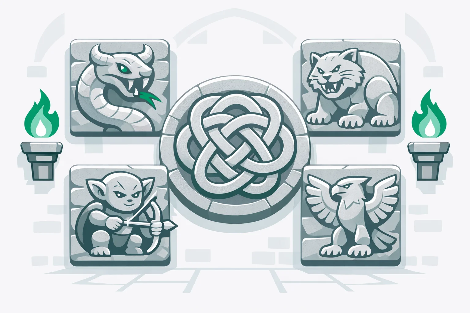 Four Ilvermorny house carvings — horned serpent, wampus cat, pukwudgie and thunderbird — around the Gordian Knot