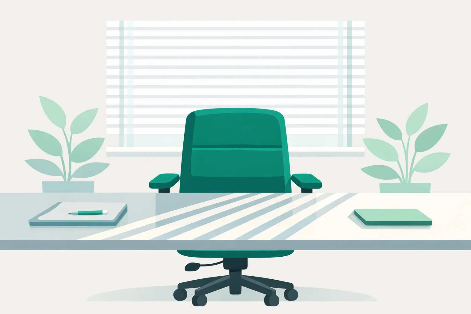 Empty conference room chair at a long table with striped morning light through window blinds