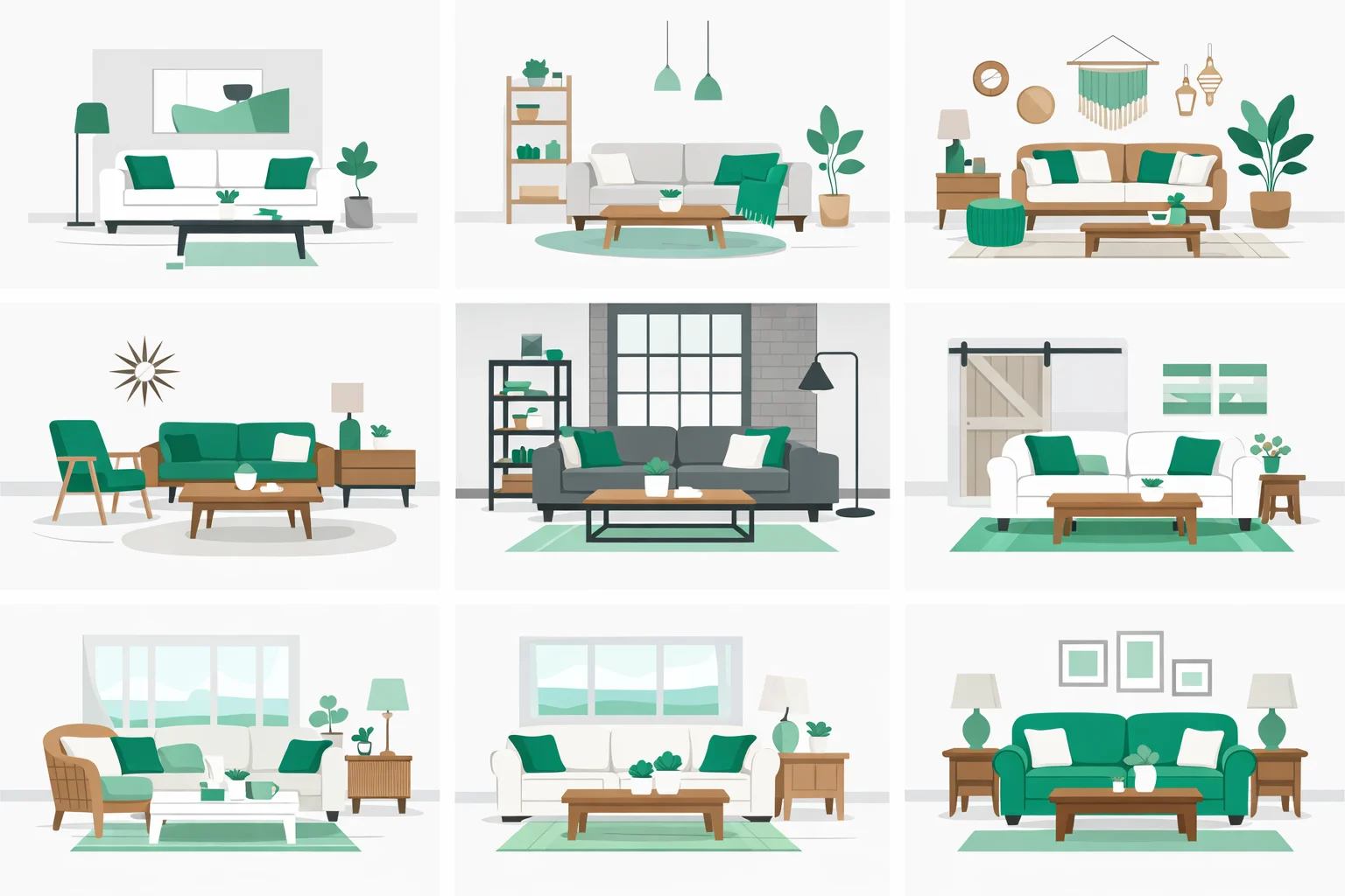Mood boards for eight interior design styles, from minimalist and Scandinavian to industrial, farmhouse, and coastal