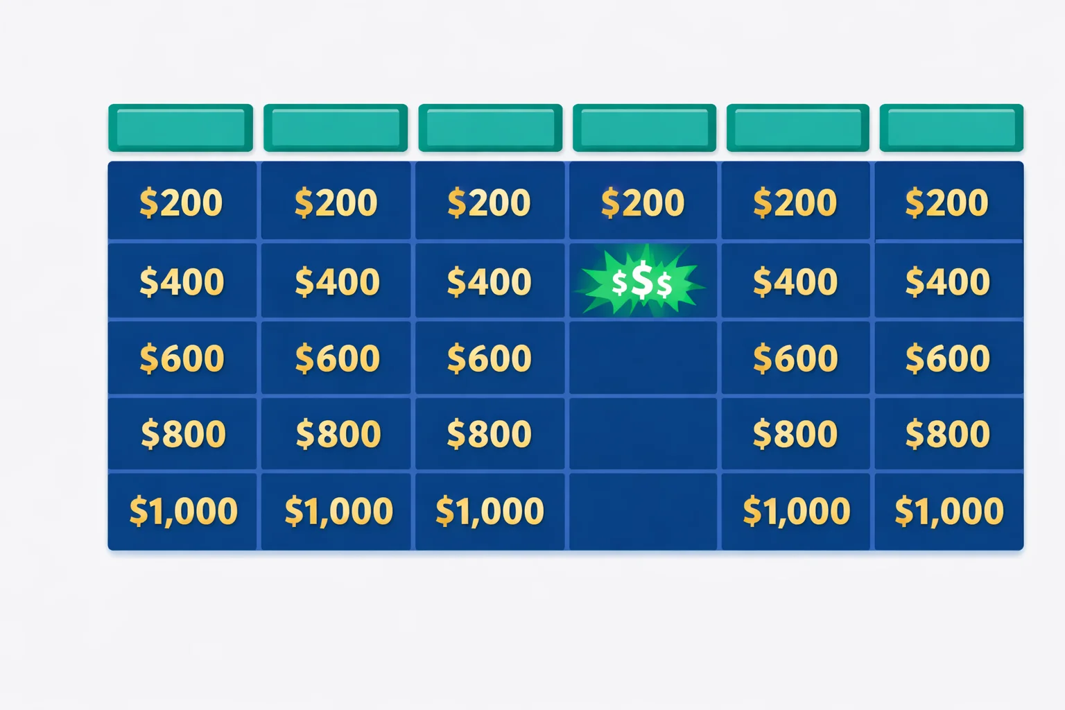Jeopardy-style quiz board with six categories and gold dollar values from $200 to $1,000