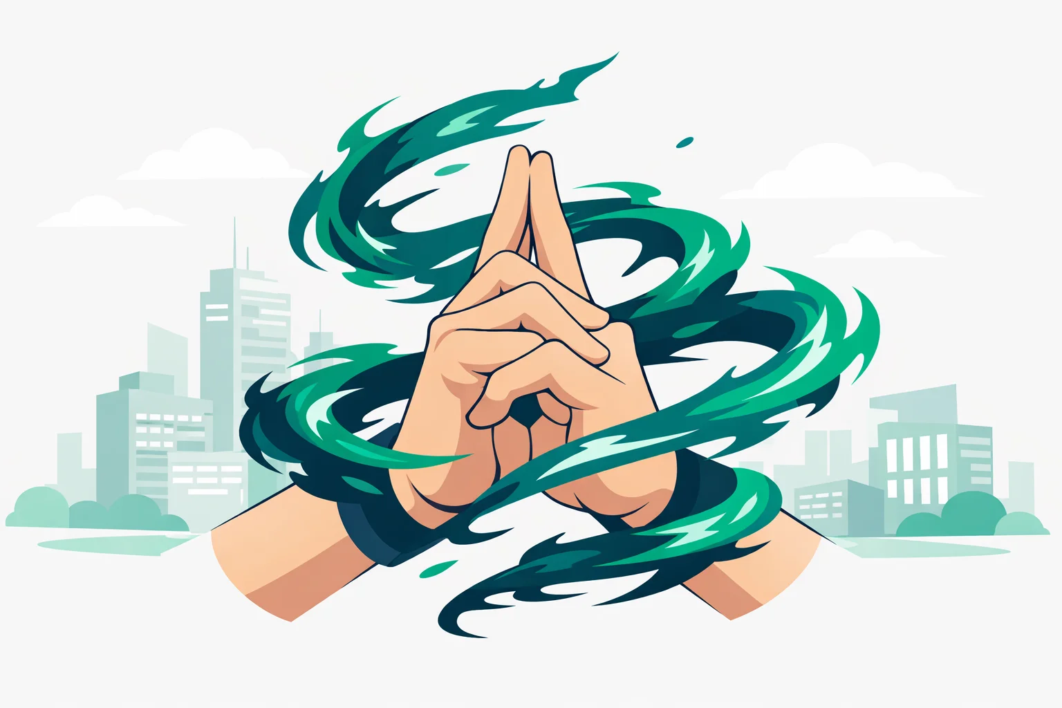 Cursed energy coiling around a pair of hands locked in a seal above a night cityscape
