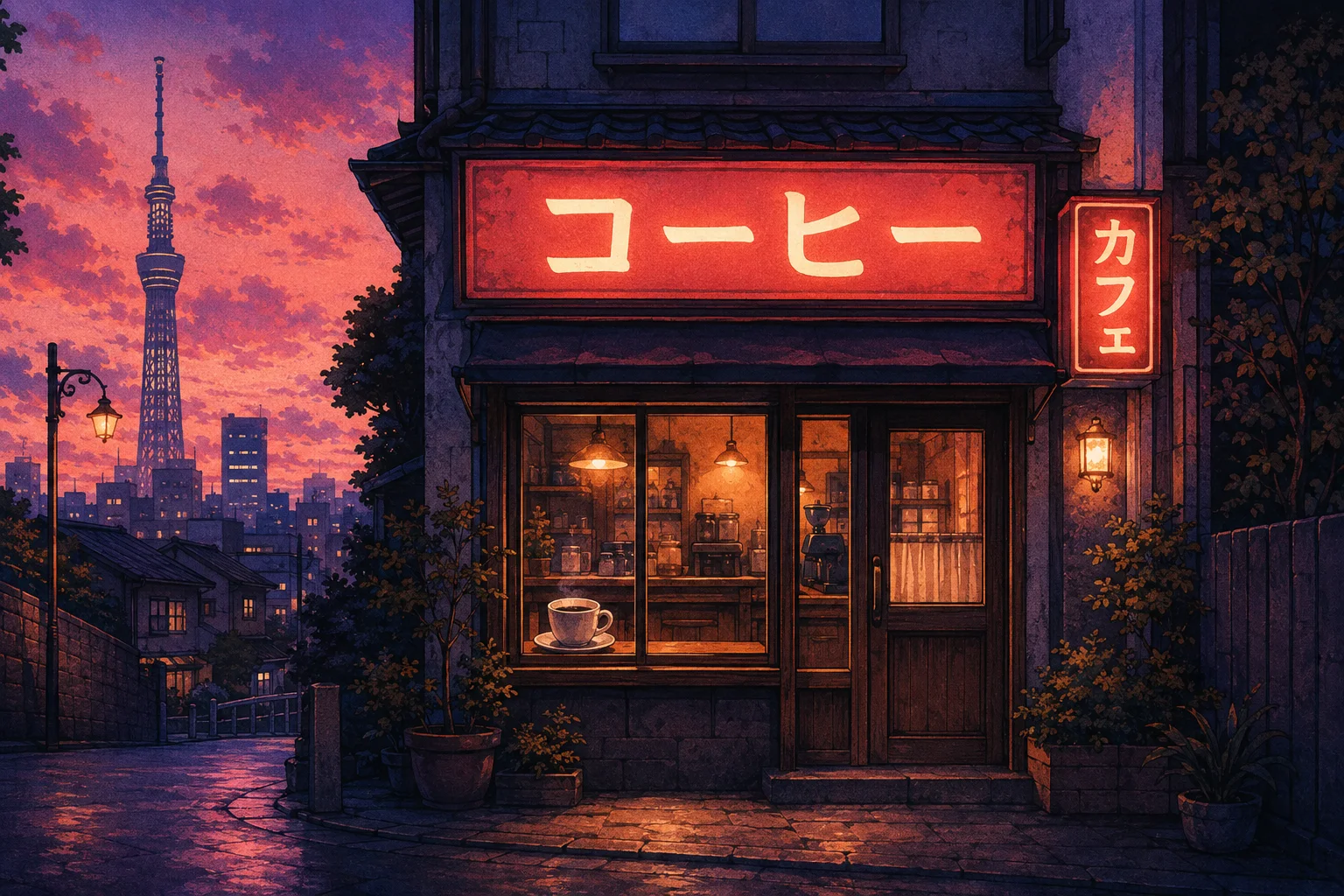 Tokyo cafe illustration with glowing コーヒー and カフェ signs at dusk