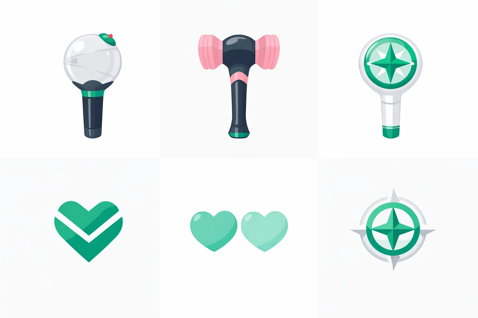 Grid of K-pop lightsticks including the BTS ARMY Bomb, BLACKPINK hammer, and Stray Kids compass with fandom name labels