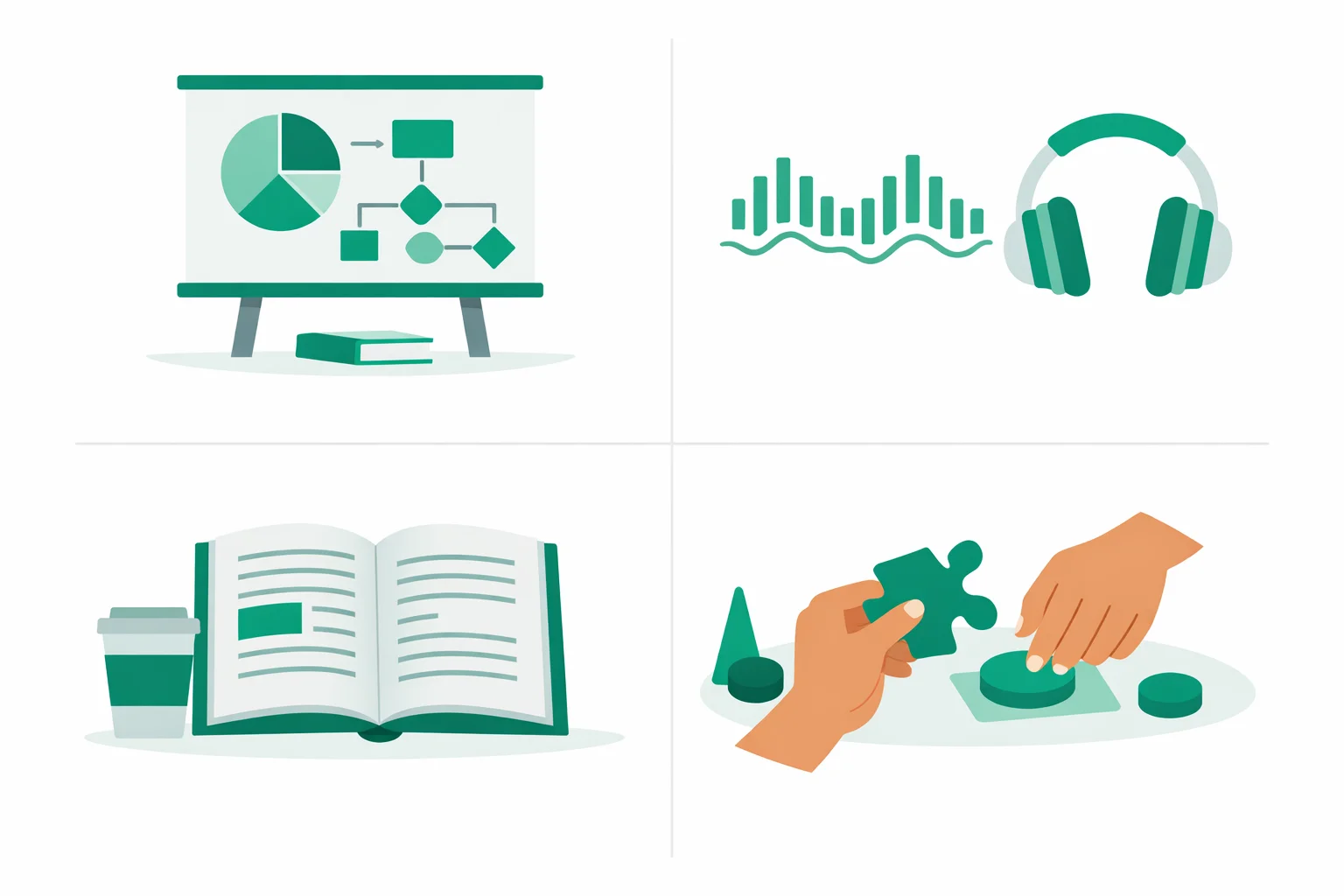 Visual, aural, reading, and kinesthetic learning channels shown as a VARK study-strategy guide