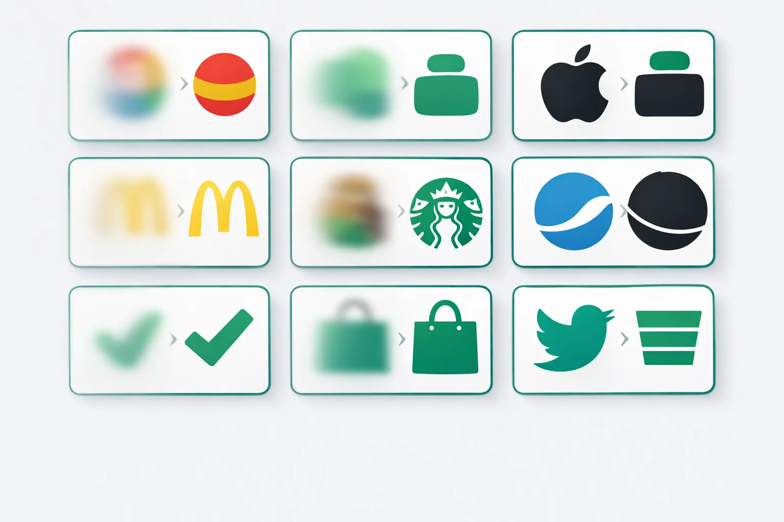 Famous brand logos rendered as colored shapes, blurred on one side and sharpening across the frame