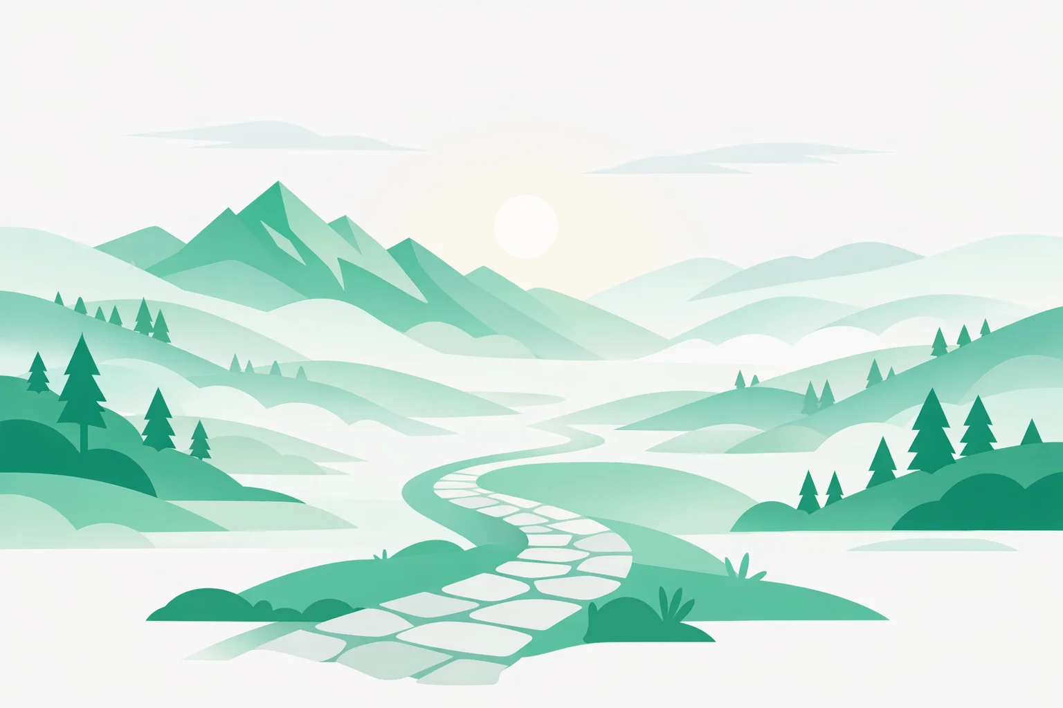 Misty Middle-earth valley with a stone road winding toward distant mountains at dawn