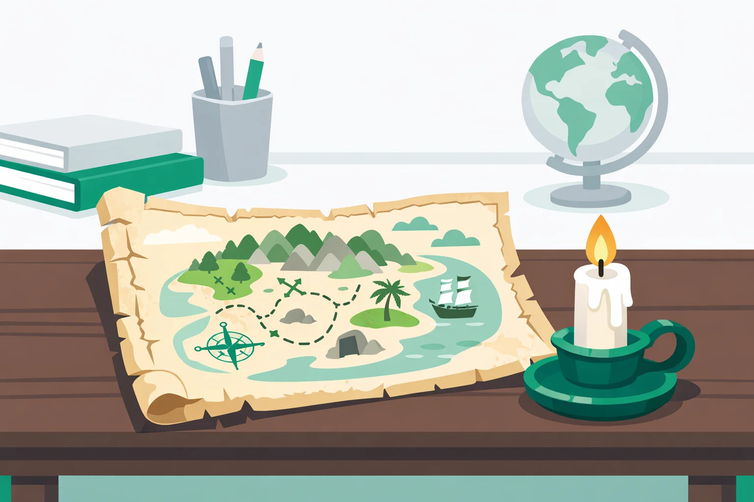 Aged parchment map and a lit candle on a dark study desk, Marauders era Hogwarts setting