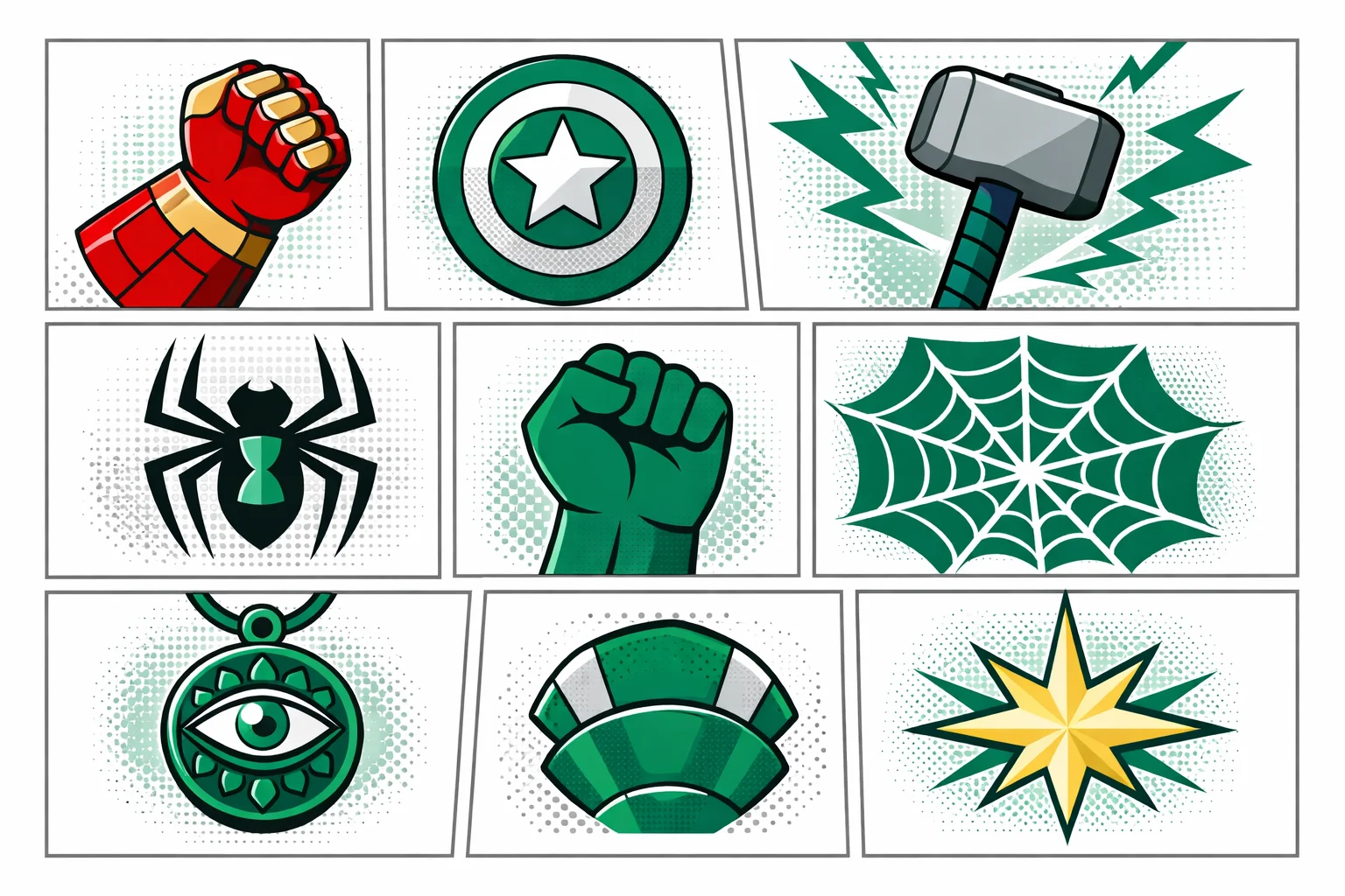 Comic-style grid of eight Marvel hero emblems representing the quiz's possible results