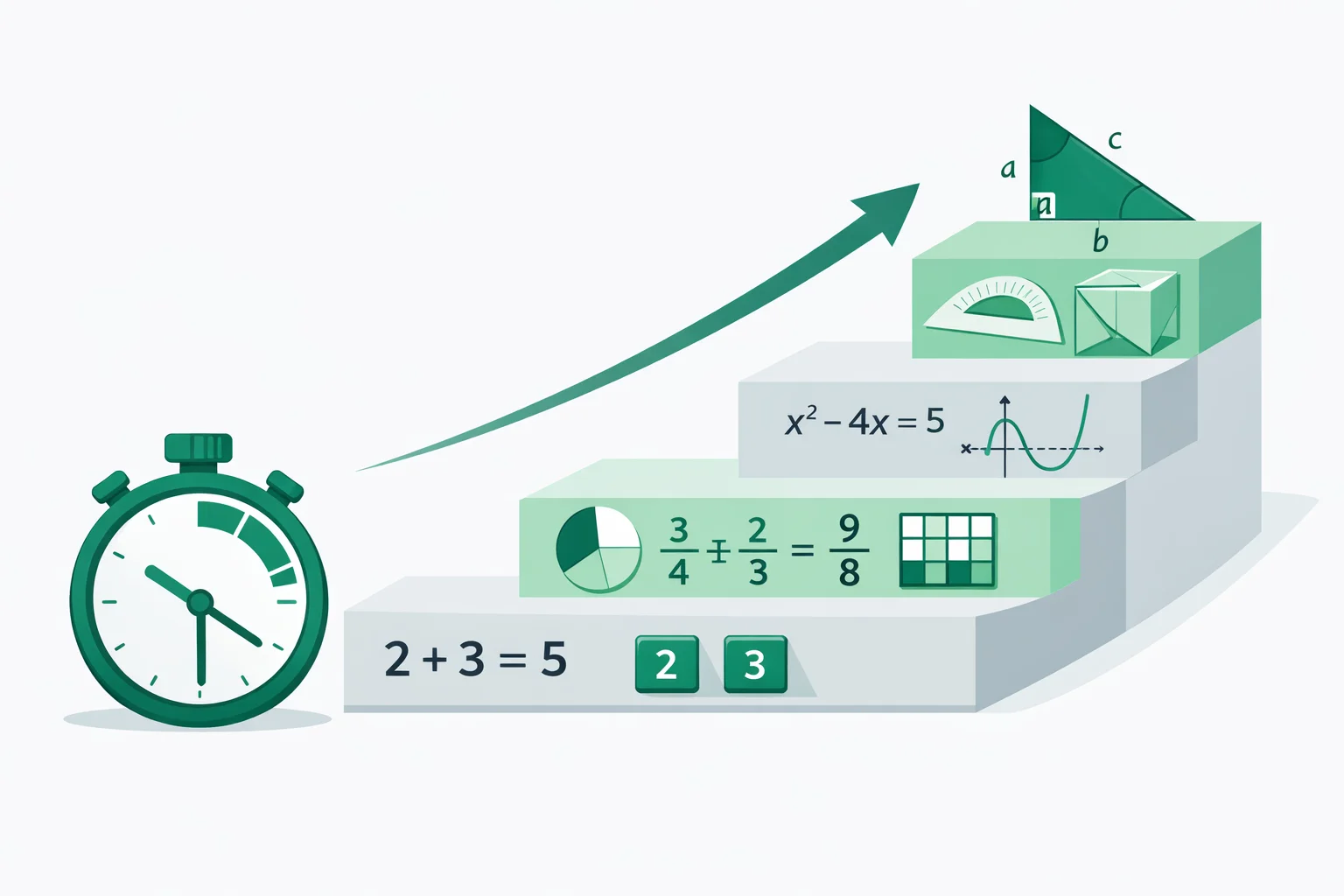 Math quiz difficulty ladder from arithmetic to algebra with a speed timer