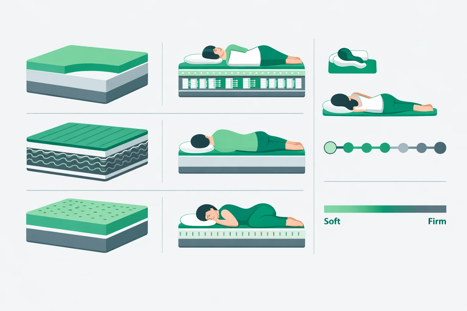 Memory foam, hybrid, innerspring, and latex mattress cross-sections beside sleep-position and firmness-scale diagrams