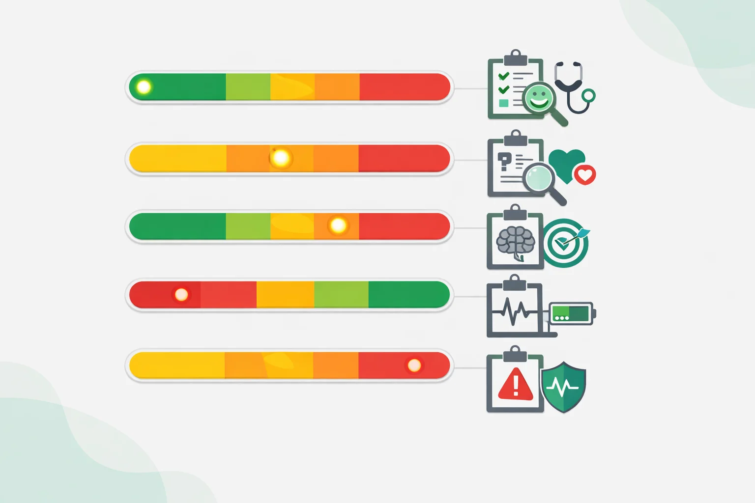 Five-area mental health check-in dashboard showing mood, worry, focus, energy, and stress with colored status bars