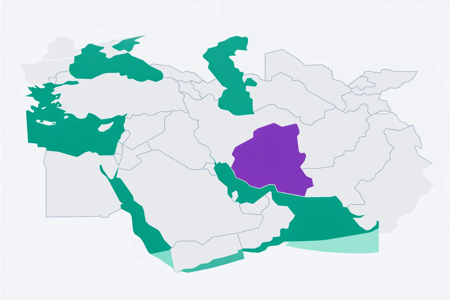 Interactive blank Middle East map quiz showing country borders with one nation highlighted for identification