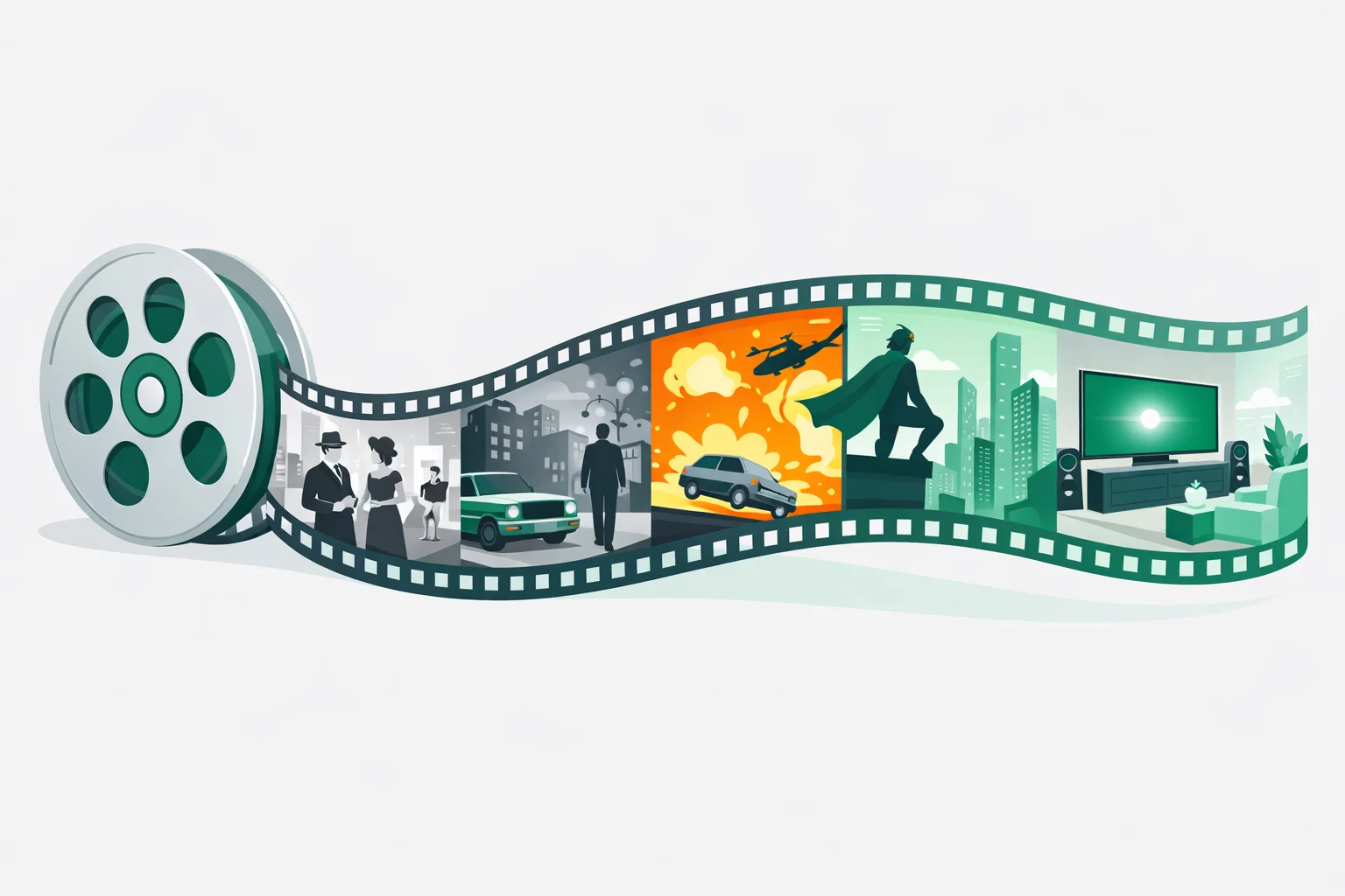 Film reel unspooling through five eras of movie history, from black-and-white classics to the streaming age