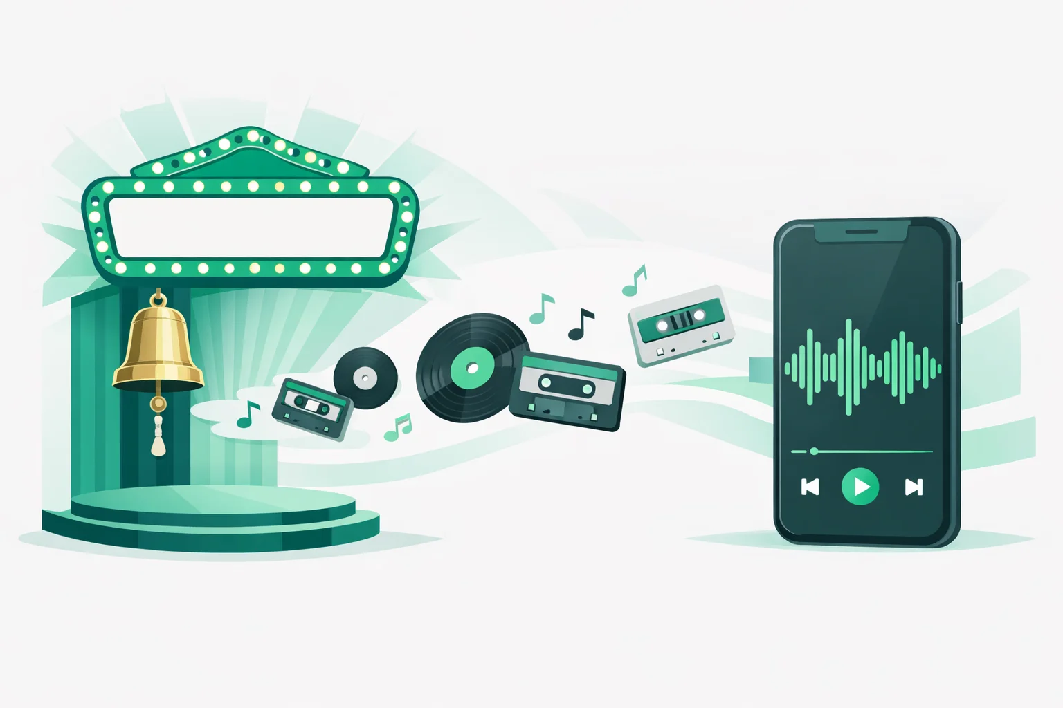 Retro Name That Song game show stage with a ship's bell, vinyl records and a smartphone waveform