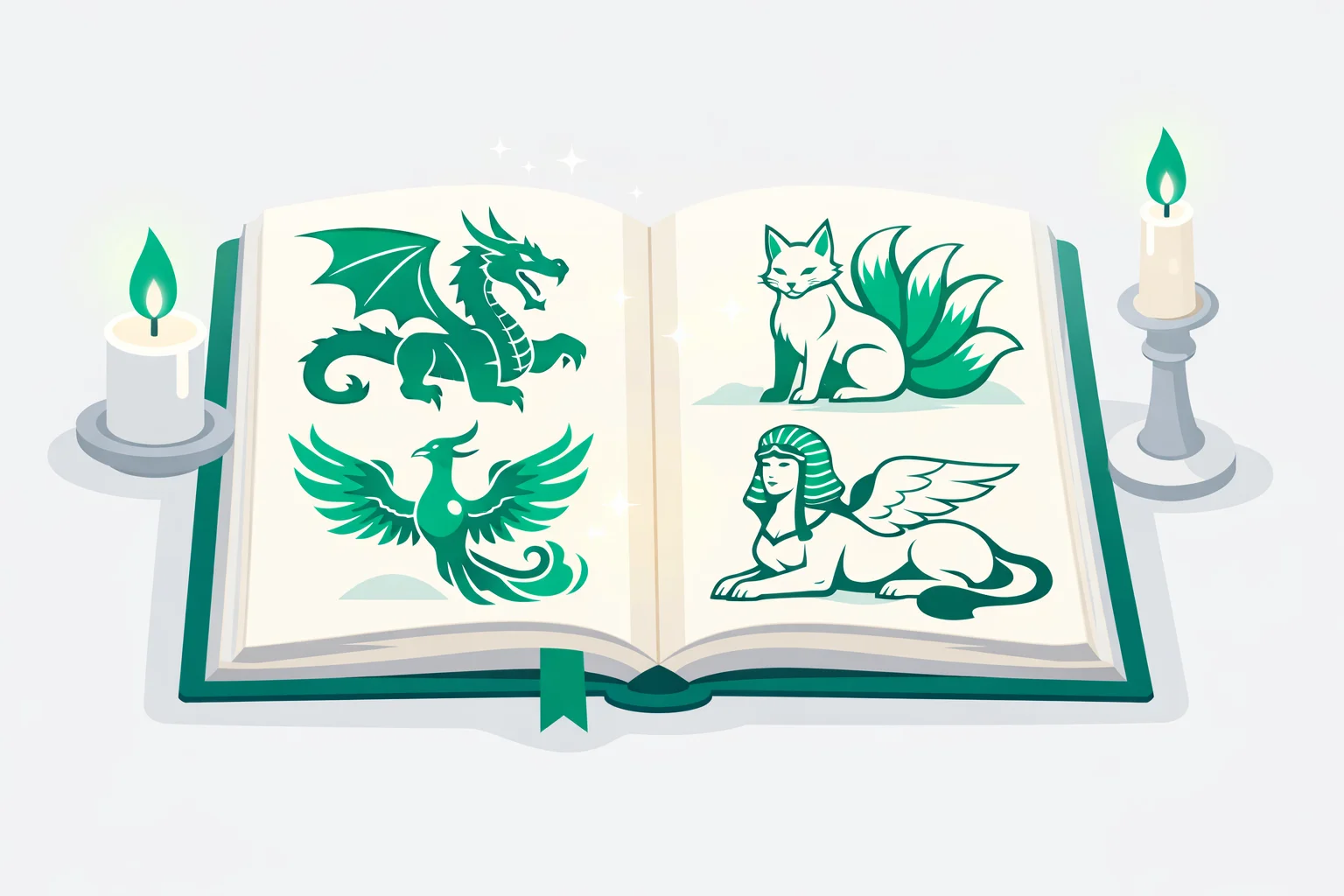 Open illuminated bestiary showing dragon, phoenix, kitsune and sphinx drawings in candlelight