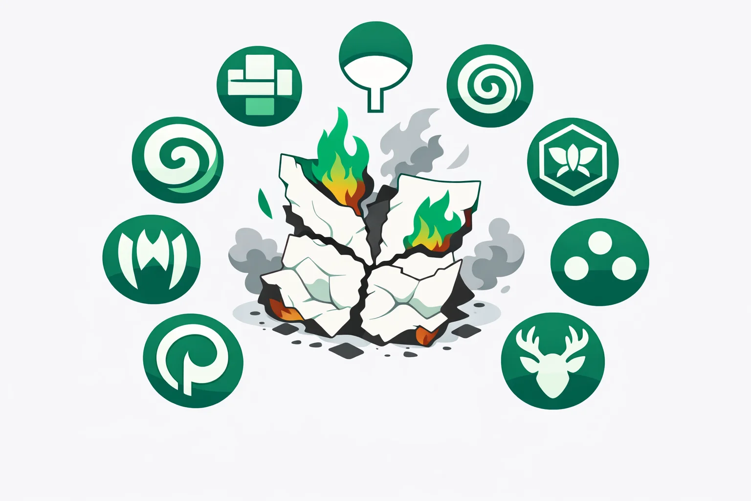 Ten Naruto clan crests circling a sheet of chakra paper burning and splitting at once