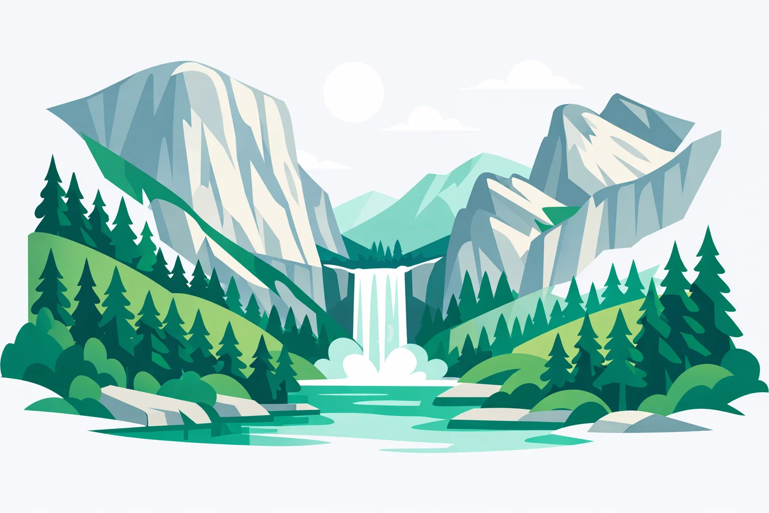 Granite valley with a waterfall and pine forest in a US national park