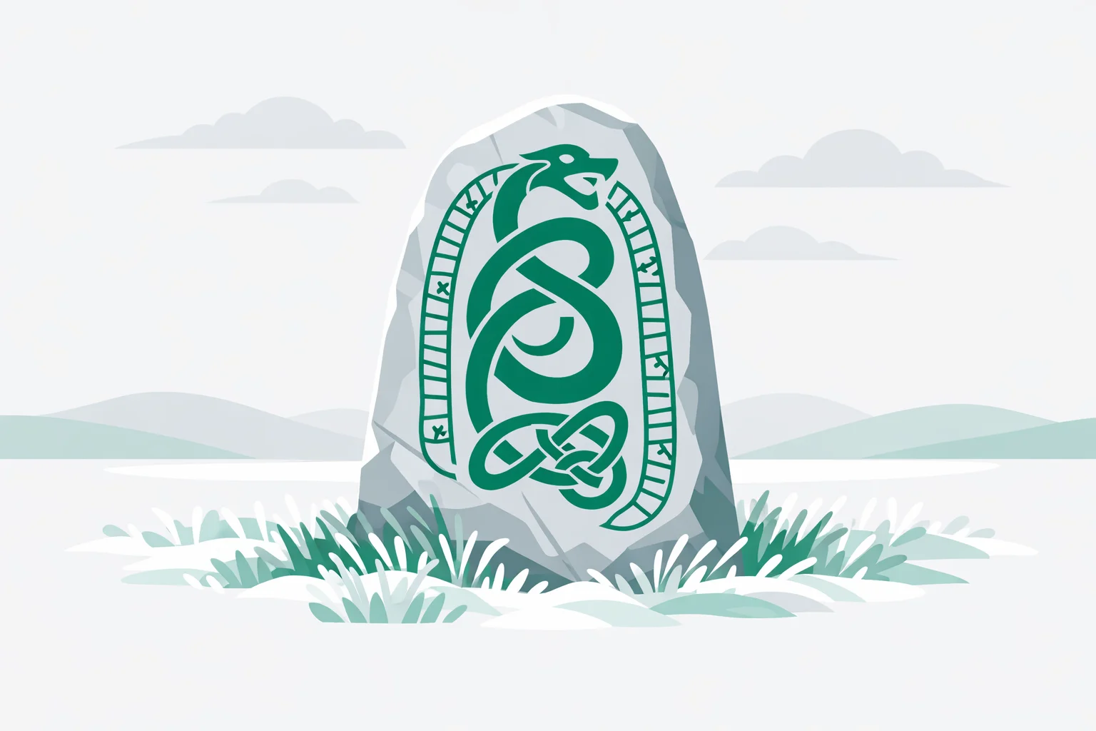 Carved runestone in frost-covered grass under a grey northern sky