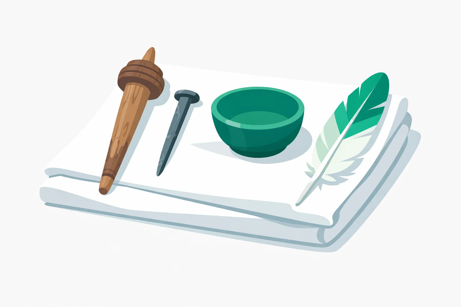 A worn spindle, a hand-forged nail, a clay bowl and a quill laid out on linen