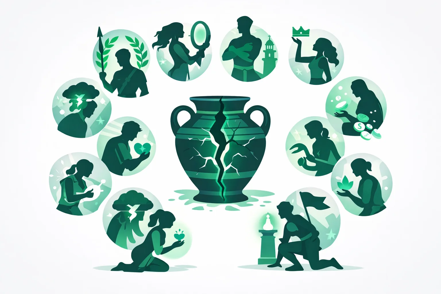 Twelve Percy Jackson demigods arranged by fatal flaw around a cracked Greek amphora