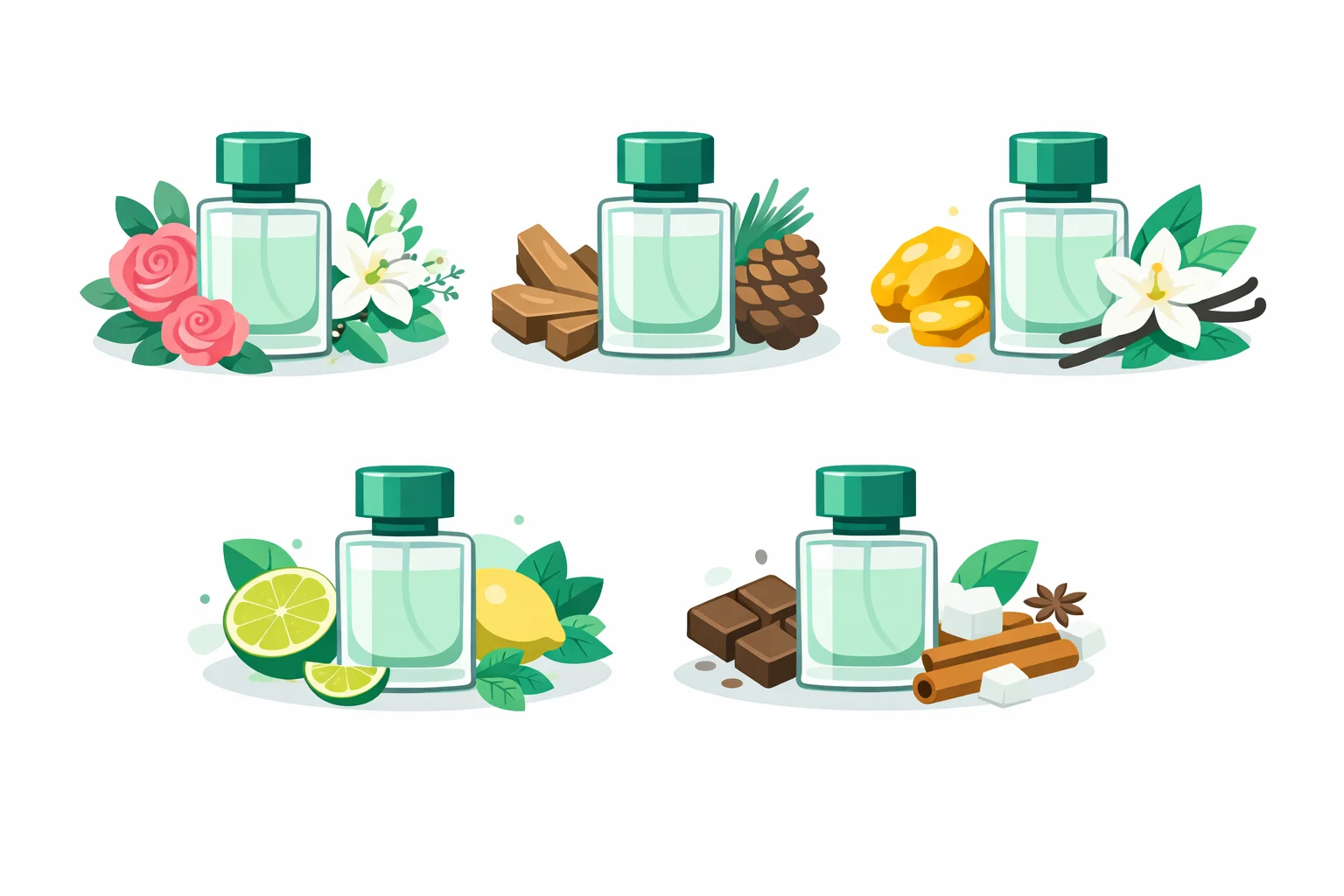 The five fragrance families shown as bottles surrounded by their signature ingredients