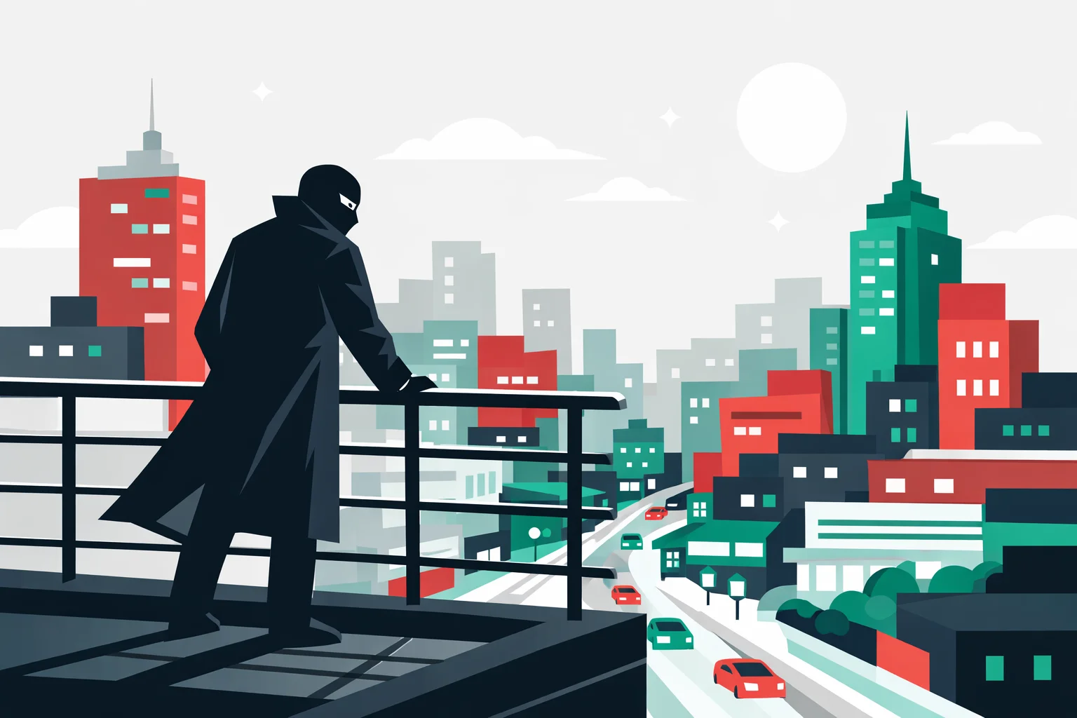 A masked figure in a long coat on a rooftop above a red and black city at night, evoking the Phantom Thieves of Persona 5