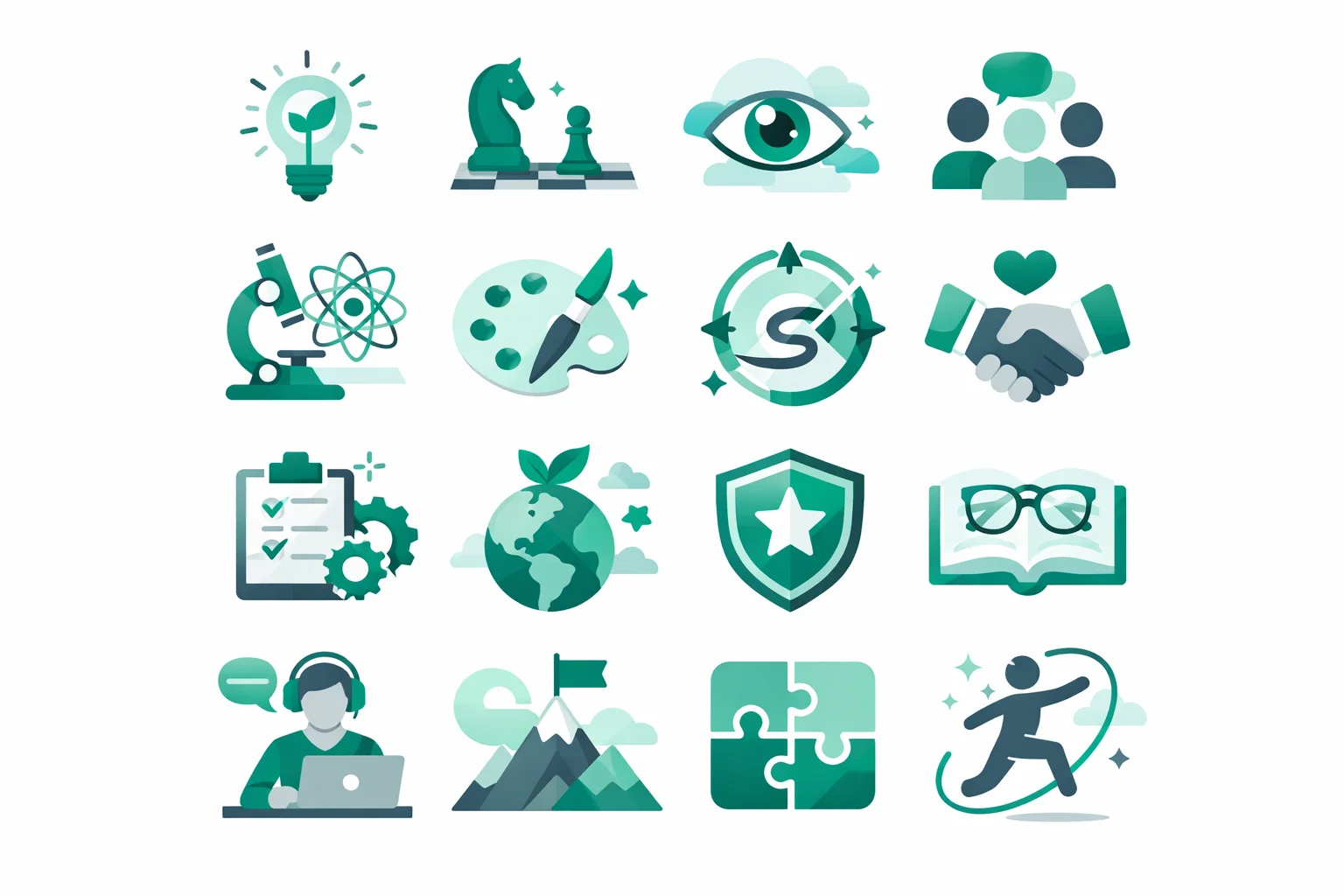 Grid of 16 personality types, each shown with a unique icon and color