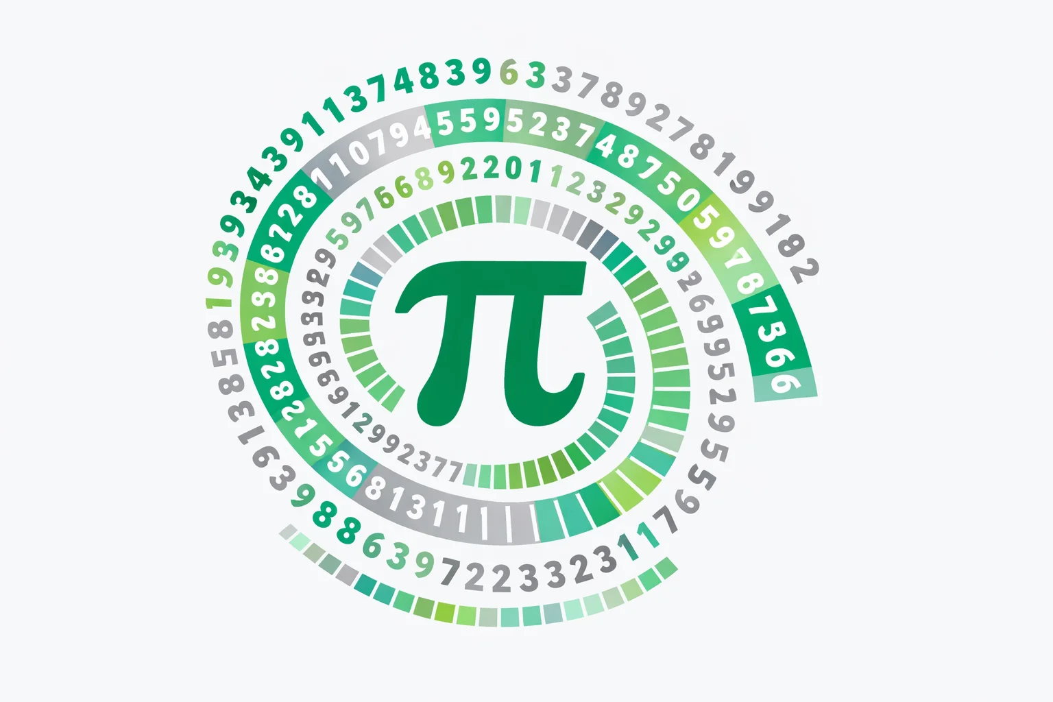 Digits of pi spiralling outward from the pi symbol, grouped into colour-coded blocks of five with mnemonic words