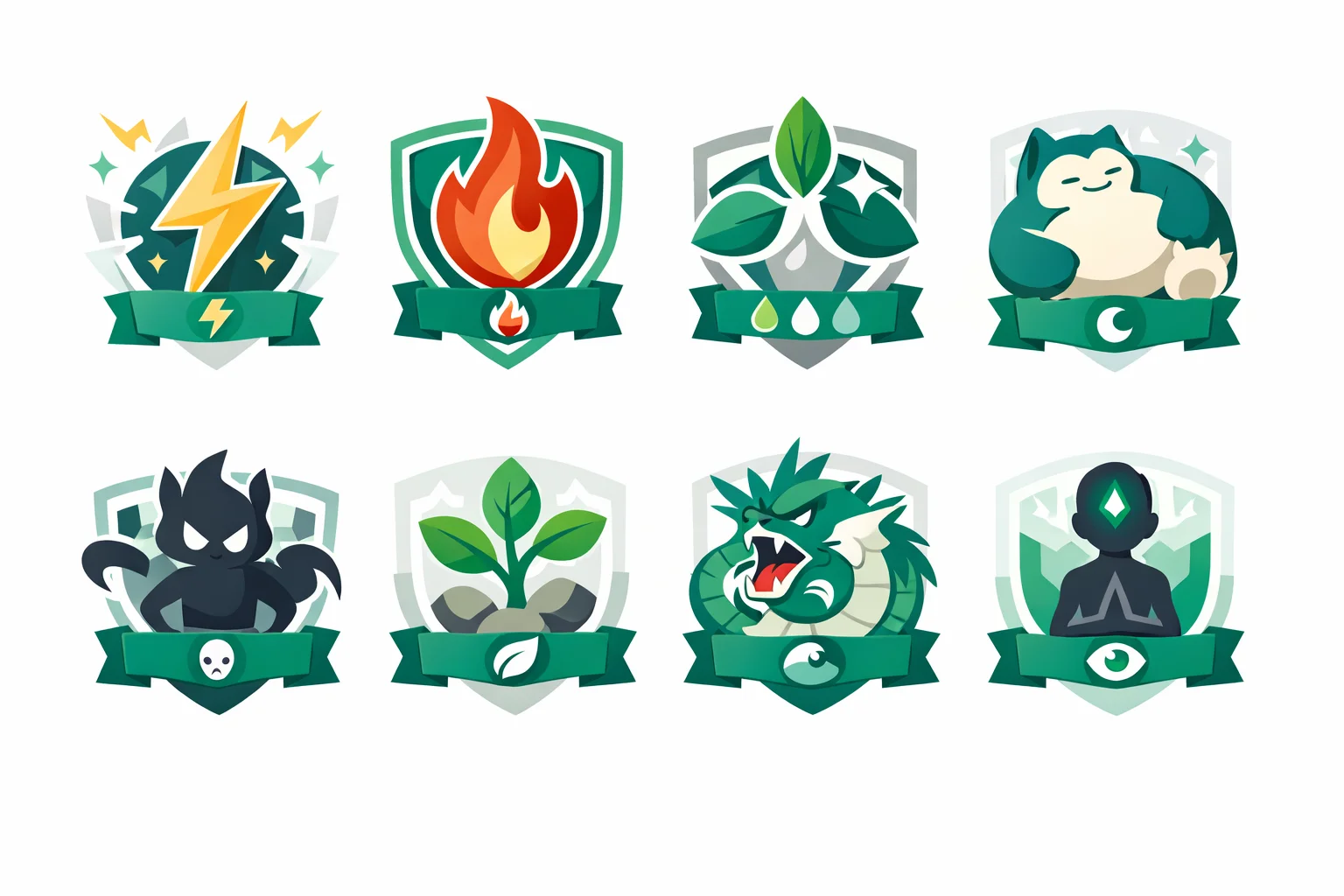 Pokemon personality quiz crests for eight iconic types, from an electric spark to a sleeping giant and a psychic legendary