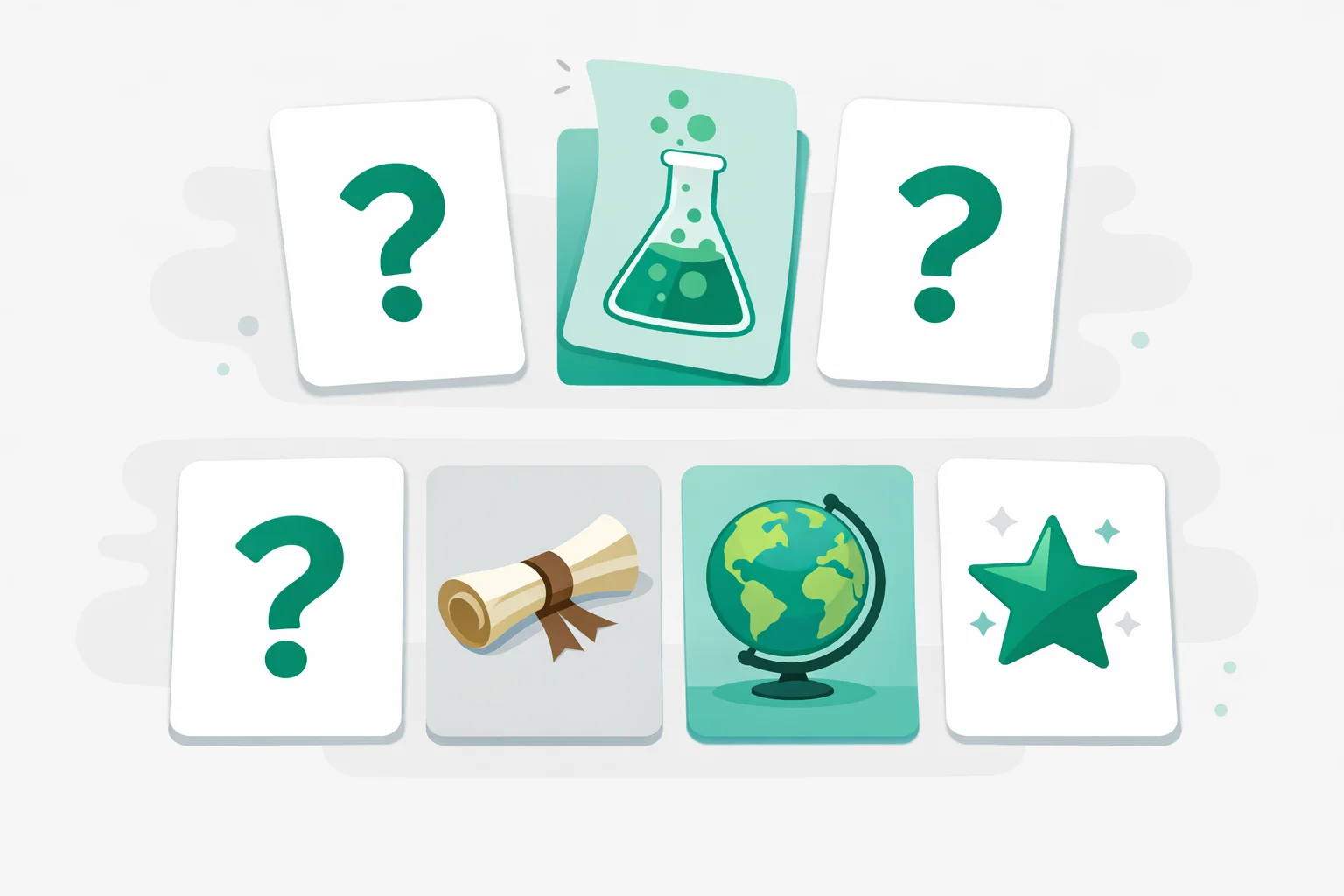 Question mark cards flipping to reveal random trivia topics — a science beaker, history scroll, globe and film reel