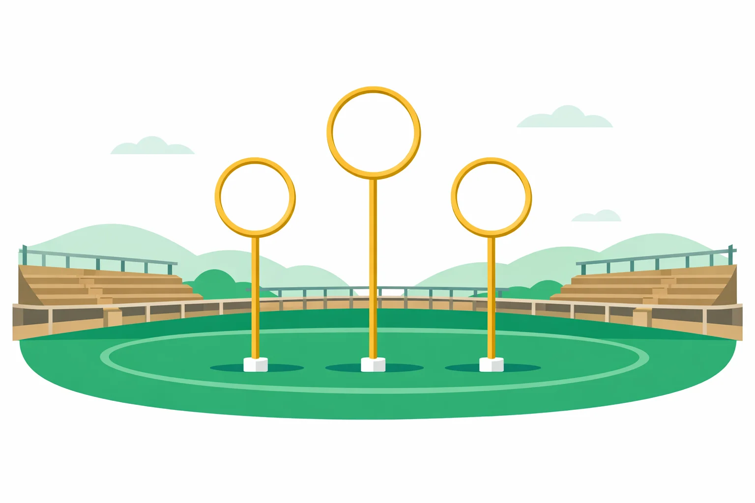 Three golden Quidditch hoops standing over an empty pitch ringed by wooden stands