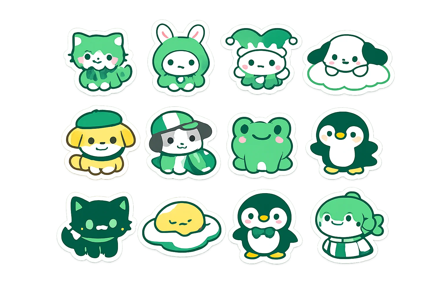 Sticker sheet of twelve kawaii mascots matching the quiz results, from bow kitten to bow-tie penguin