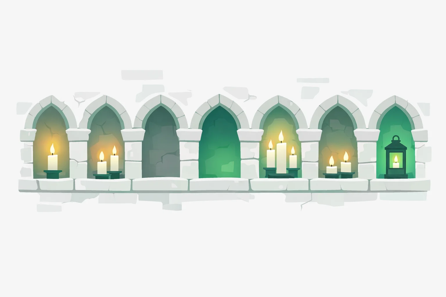 Seven weathered stone niches in a cathedral wall lit unevenly by candlelight