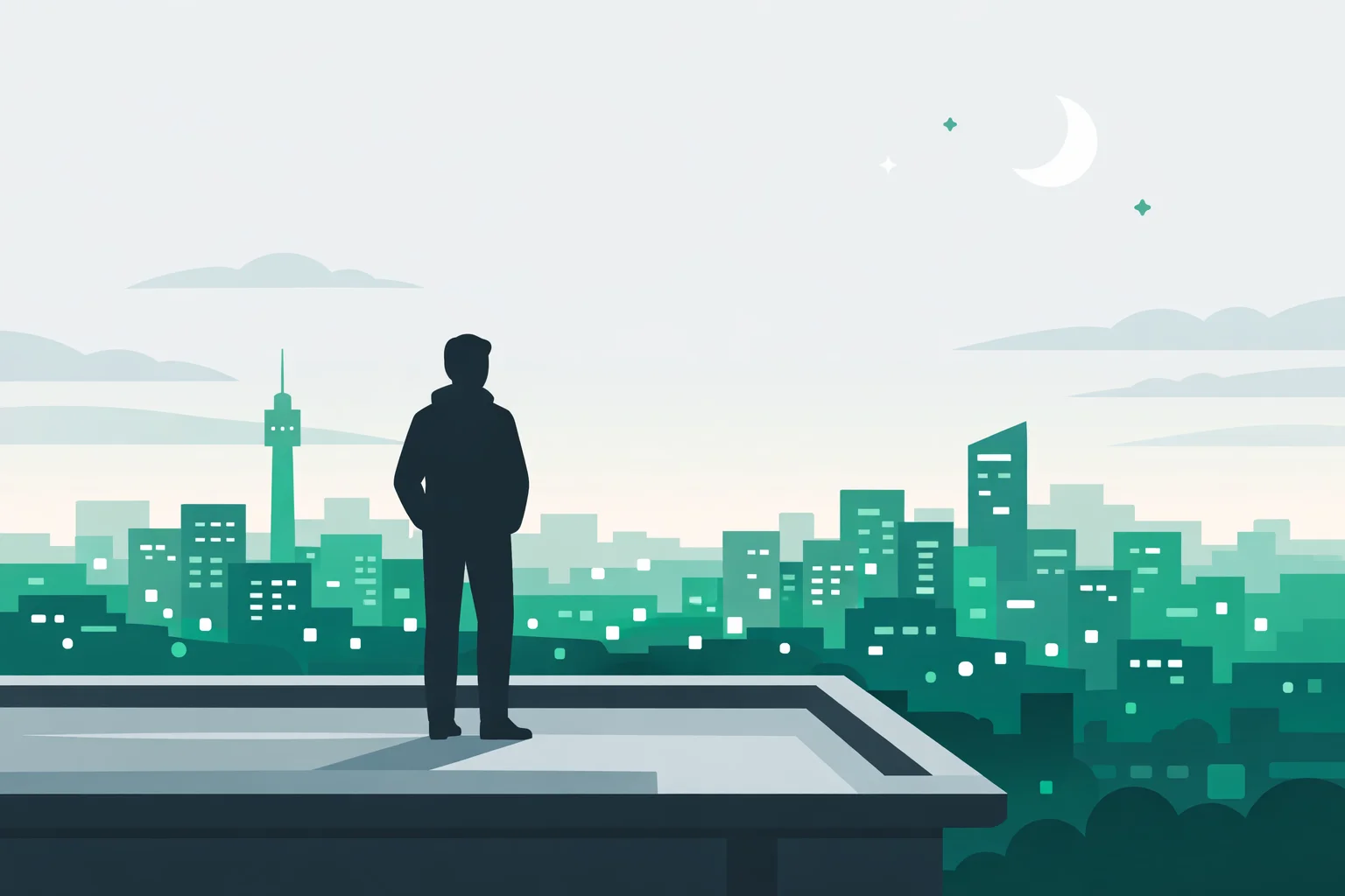 Lone figure silhouetted on a rooftop against a dusk city skyline as the lights come on