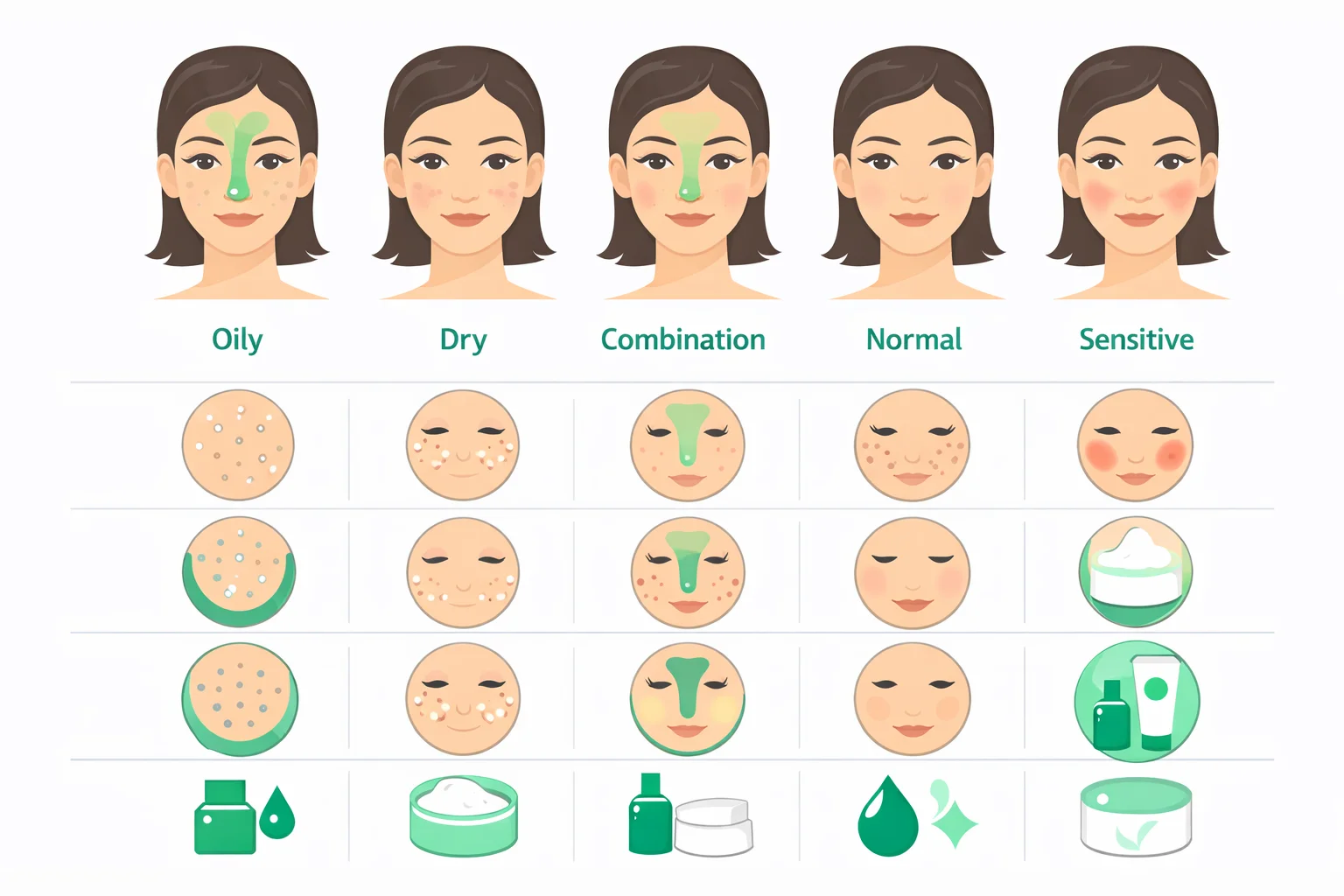 Comparison of oily, dry, combination, normal, and sensitive skin showing pore size and T-zone shine