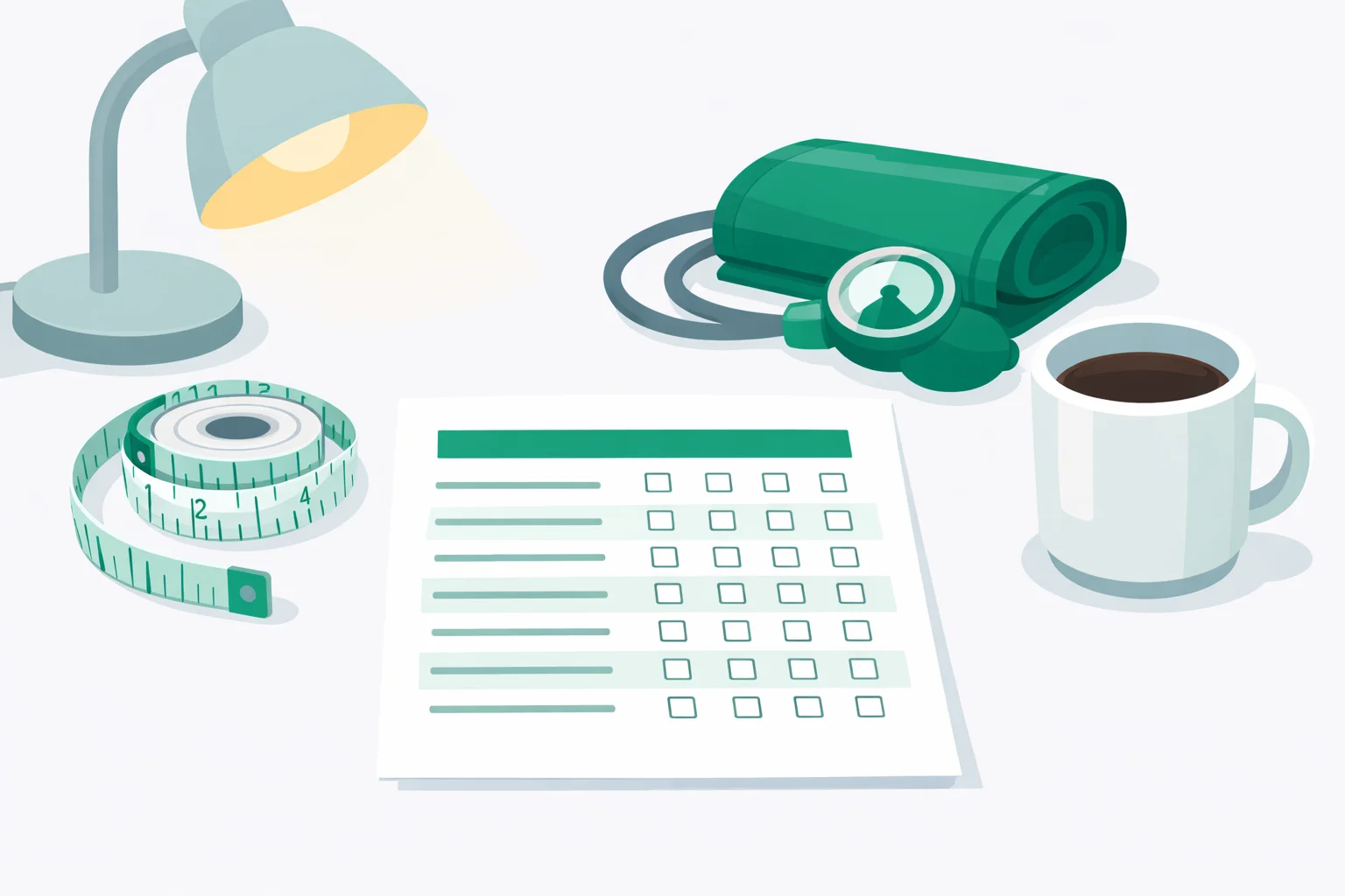 Printed eight-item sleep questionnaire beside a tape measure and blood pressure cuff