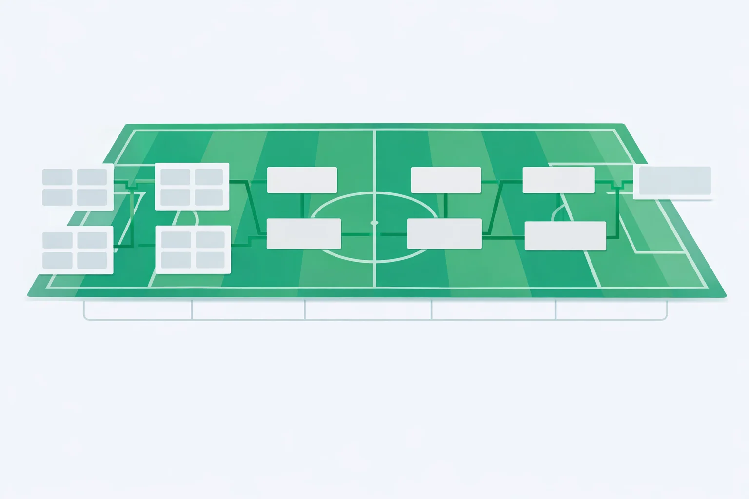 World Cup knockout bracket over a football pitch marking the five rounds of this soccer trivia quiz