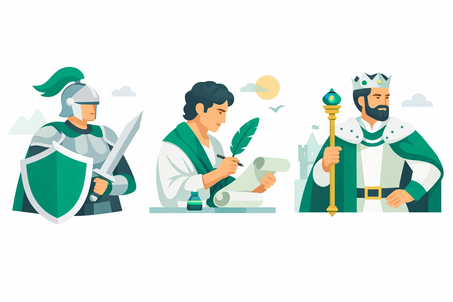 Soldier with sword, Poet with quill, and King with crown — the three Soldier Poet King archetypes
