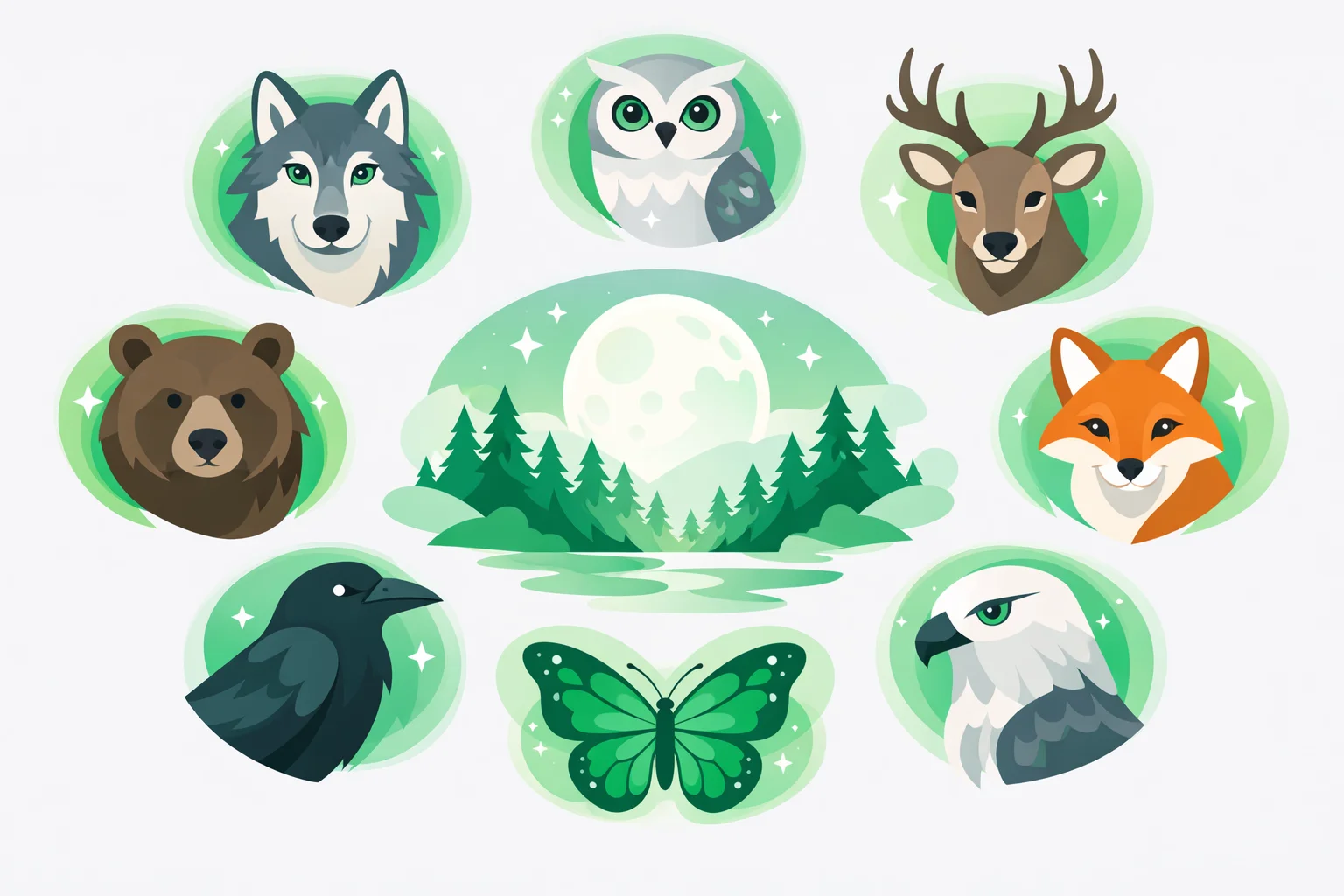Eight spirit animals — wolf, owl, deer, bear, fox, raven, butterfly, and hawk — glowing in a moonlit forest