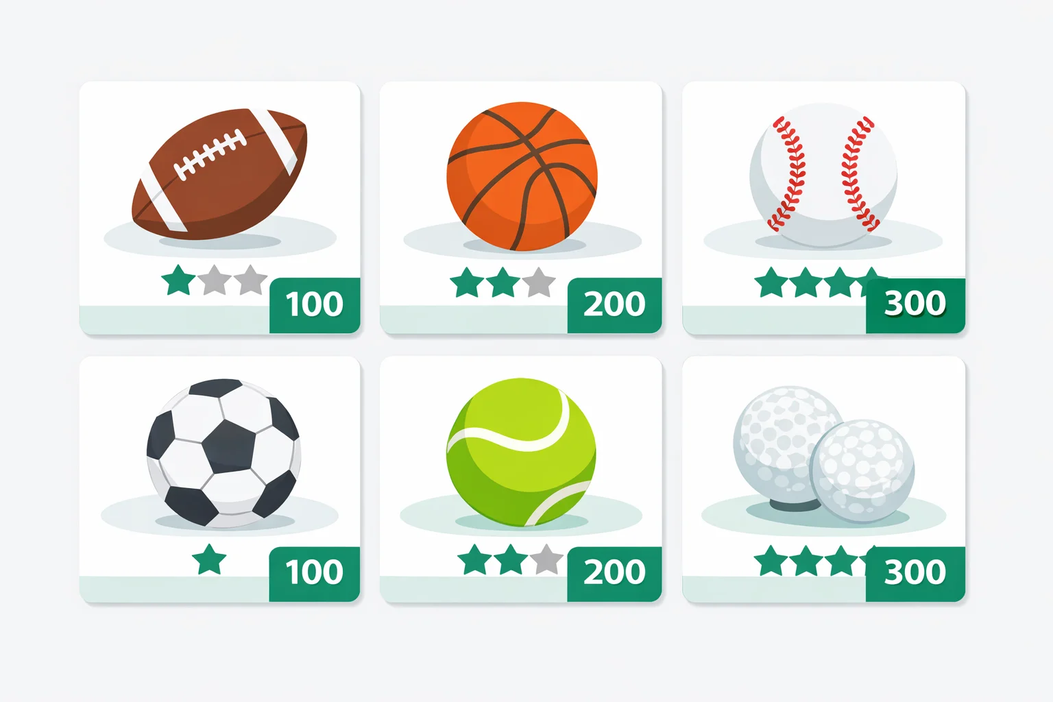 Multi-sport trivia cards showing football, basketball, baseball and golf with point values