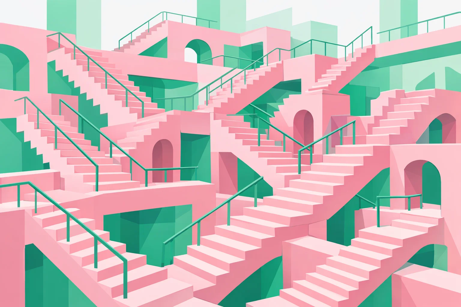 Pastel pink staircase maze lit in green, in the style of Squid Game's arena corridors