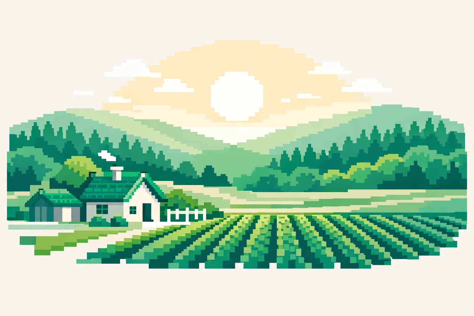 Pixel-art Stardew Valley farm at golden hour with crop rows and a cottage below forested hills