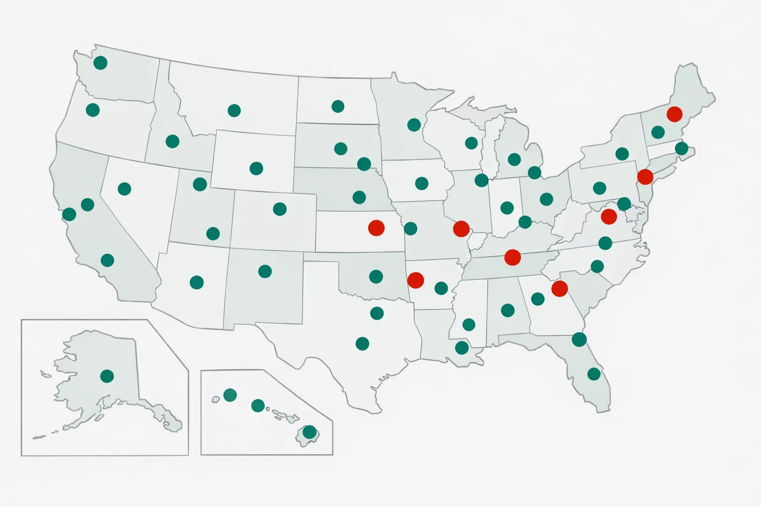US map showing state capitals, highlighting the most commonly missed ones