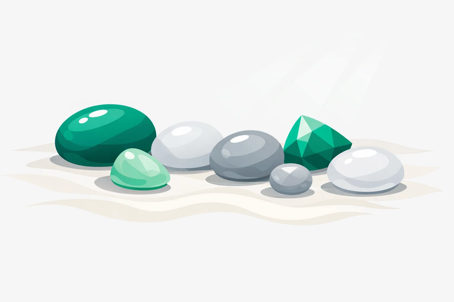 Coloured gemstones on pale sand, refracting light — Crystal Gem personality types