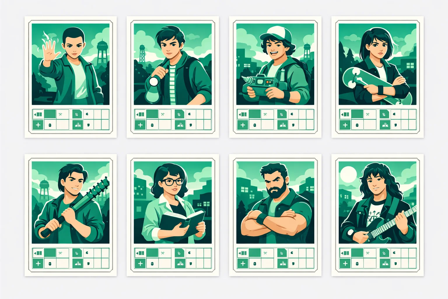 Stranger Things character quiz cards for eight personalities, from a quiet powerhouse to a metalhead outsider