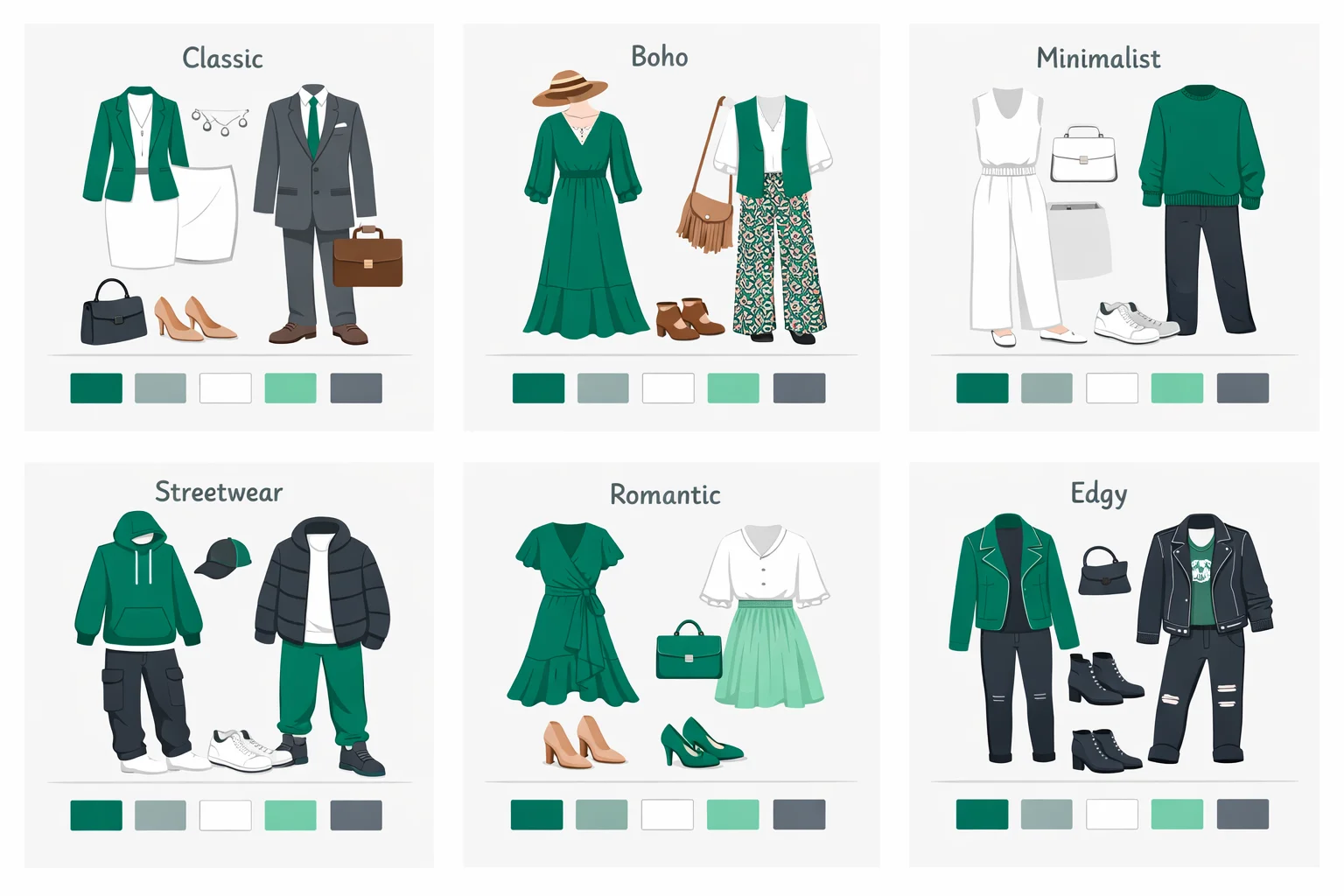 Six fashion style mood boards — classic, minimalist, boho, streetwear, romantic, and edgy — with outfits and color palettes