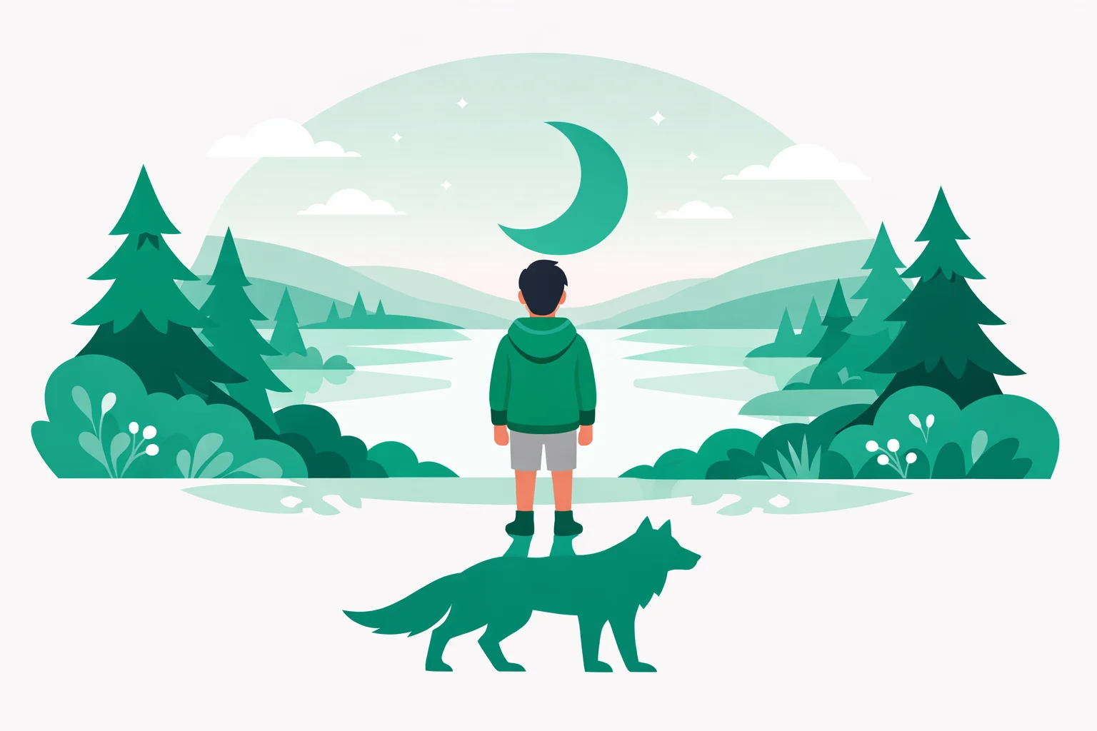 Person at the edge of a moonlit clearing casting a wolf-shaped shadow, illustrating theriotype identity